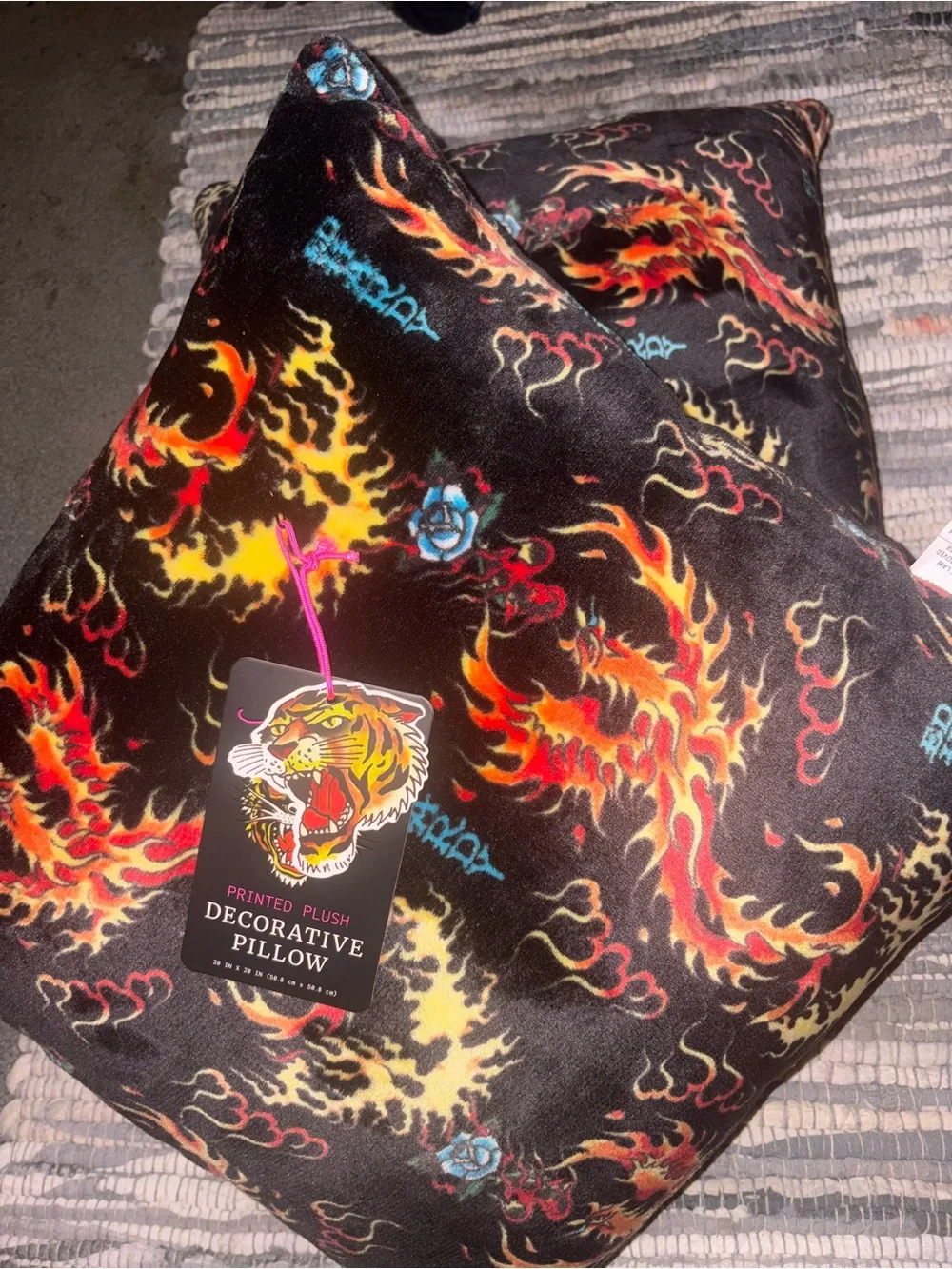 2 Printed Plush Decorative Pillow - Black with Red & Yellow phoenix Flame